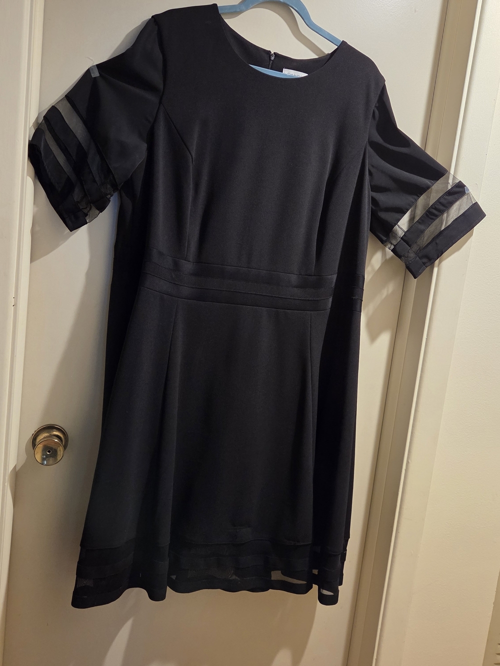 Calvin Klein Black A-Line Dress with Sheer Sleeve & Hem Stripe Details 22W